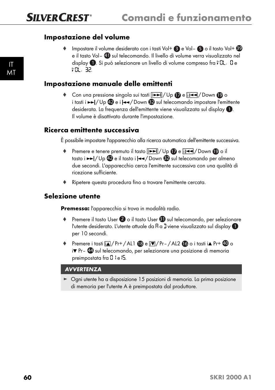 Comandi e funzionamento, It mt impostazione del volume, Impostazione manuale delle emittenti | Ricerca emittente successiva, Selezione utente | Silvercrest SKRI 2000 A1 User Manual | Page 63 / 147