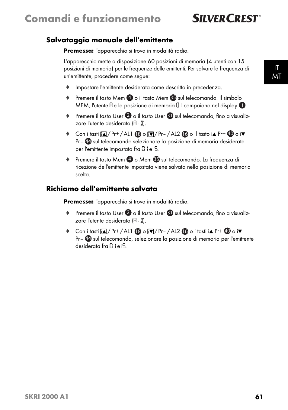 Comandi e funzionamento, It mt salvataggio manuale dell'emittente, Richiamo dell'emittente salvata | Silvercrest SKRI 2000 A1 User Manual | Page 64 / 147