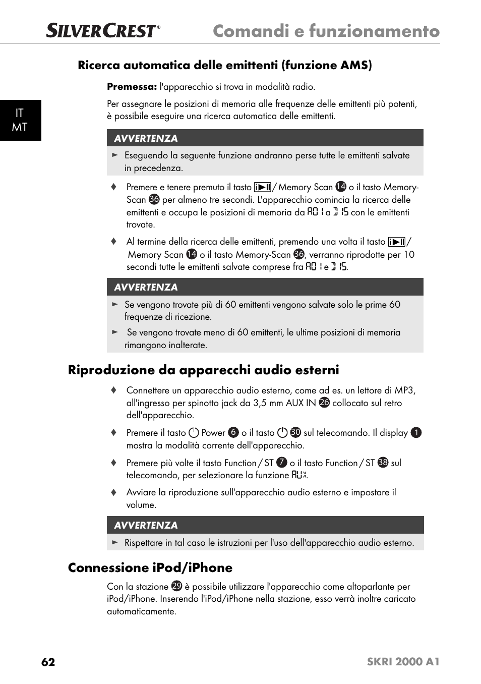 Comandi e funzionamento, Riproduzione da apparecchi audio esterni, Connessione ipod/iphone | Silvercrest SKRI 2000 A1 User Manual | Page 65 / 147