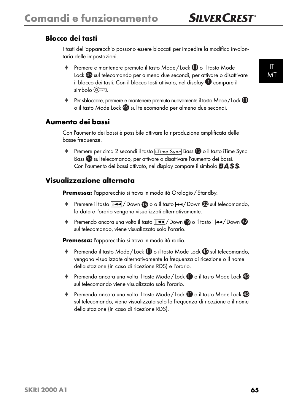 Comandi e funzionamento, It mt blocco dei tasti, Aumento dei bassi | Visualizzazione alternata | Silvercrest SKRI 2000 A1 User Manual | Page 68 / 147