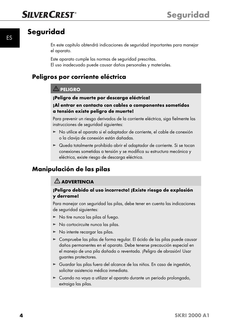 Seguridad, Peligros por corriente eléctrica, Manipulación de las pilas | Silvercrest SKRI 2000 A1 User Manual | Page 7 / 147