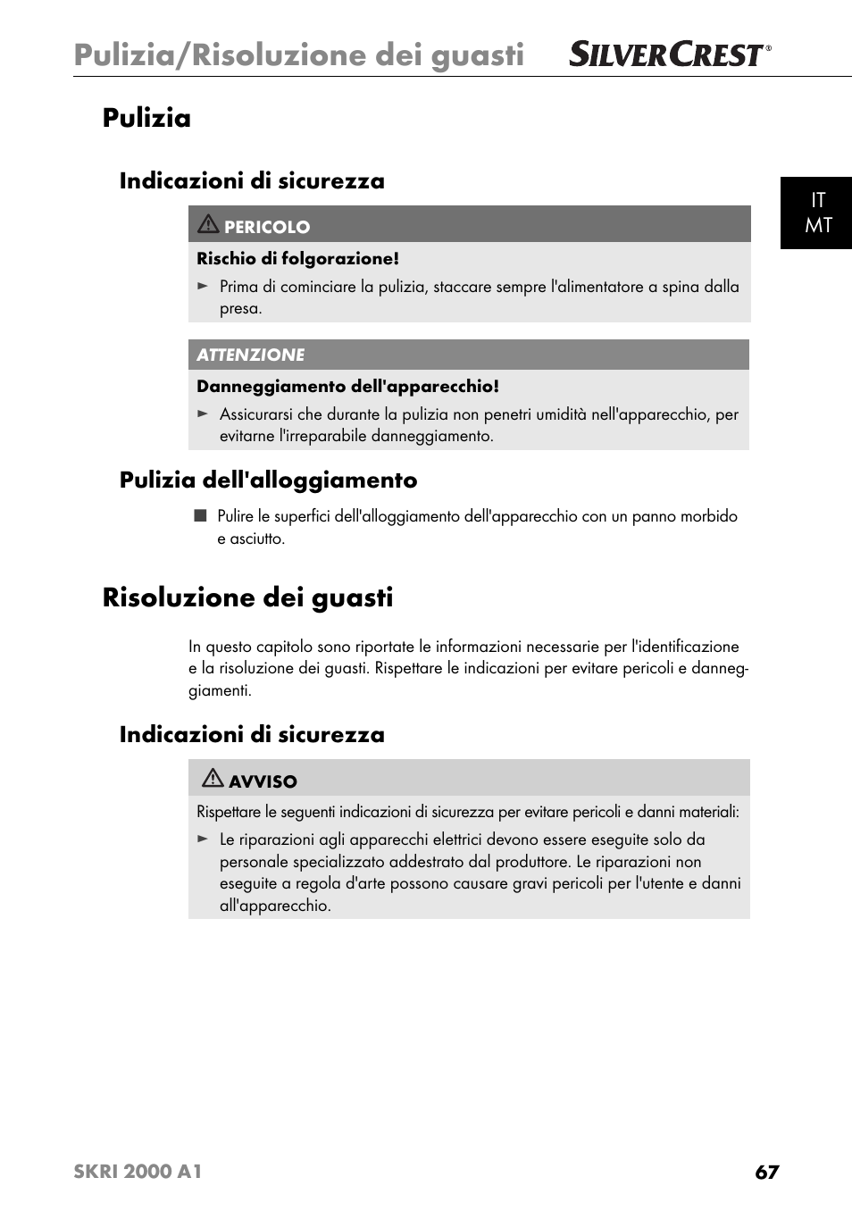 Pulizia/risoluzione dei guasti, Pulizia, Risoluzione dei guasti | Indicazioni di sicurezza, Pulizia dell'alloggiamento | Silvercrest SKRI 2000 A1 User Manual | Page 70 / 147