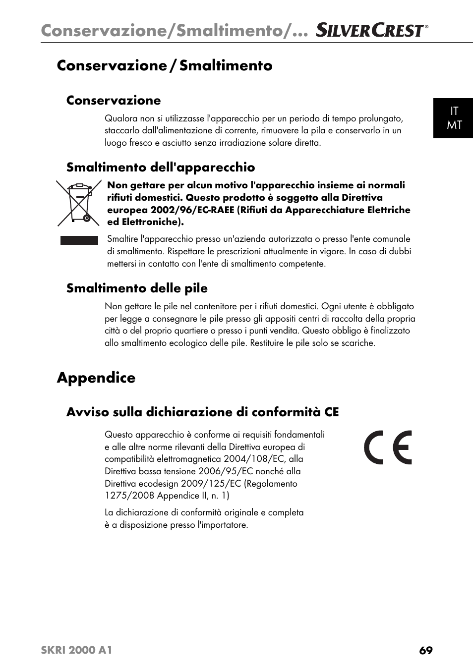 Conservazione/smaltimento, Conservazione / smaltimento, Appendice | Conservazione, Smaltimento dell'apparecchio, Smaltimento delle pile, Avviso sulla dichiarazione di conformità ce | Silvercrest SKRI 2000 A1 User Manual | Page 72 / 147