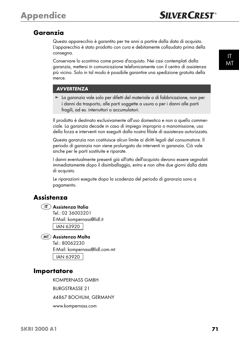 Appendice, Garanzia, Assistenza | Importatore, It mt | Silvercrest SKRI 2000 A1 User Manual | Page 74 / 147