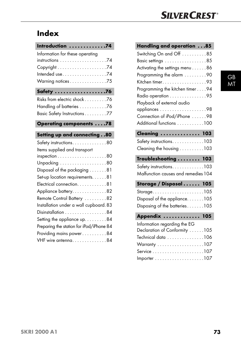 Index, Gb mt | Silvercrest SKRI 2000 A1 User Manual | Page 76 / 147