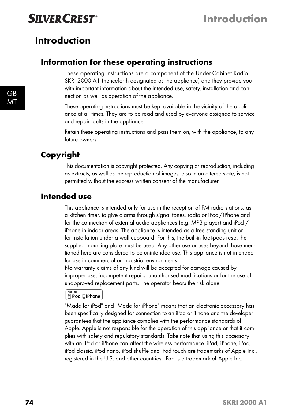 Introduction, Information for these operating instructions, Copyright | Intended use | Silvercrest SKRI 2000 A1 User Manual | Page 77 / 147