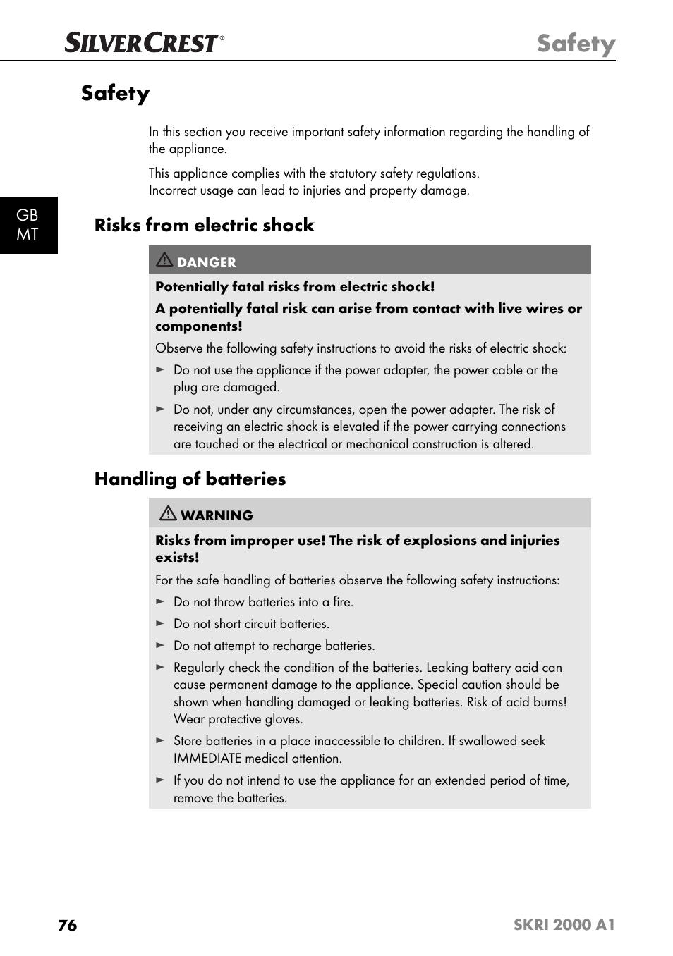 Safety, Risks from electric shock, Handling of batteries | Gb mt | Silvercrest SKRI 2000 A1 User Manual | Page 79 / 147