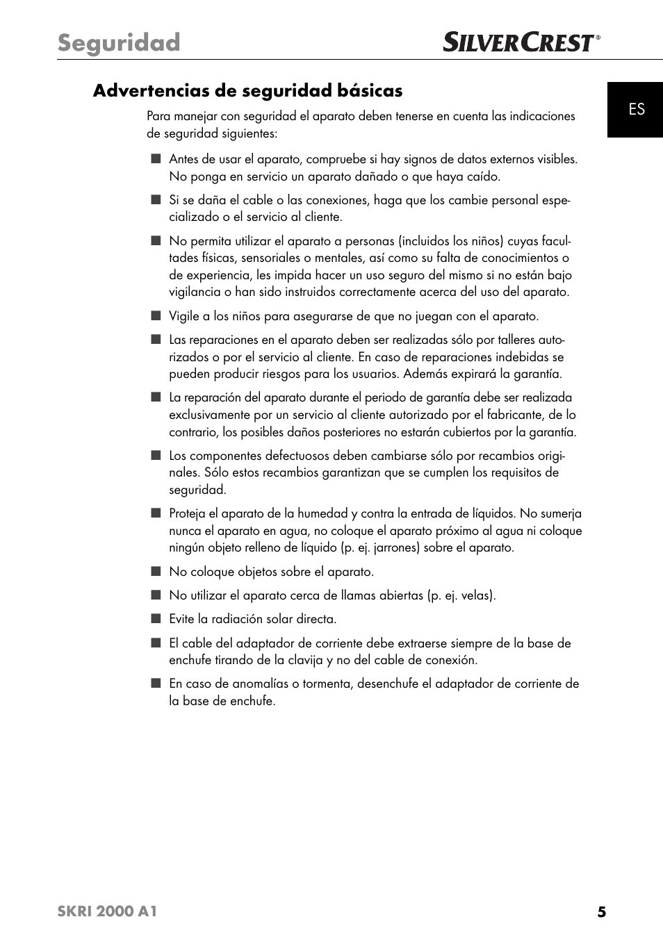 Seguridad, Advertencias de seguridad básicas | Silvercrest SKRI 2000 A1 User Manual | Page 8 / 147