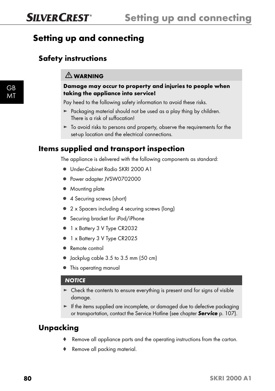 Setting up and connecting, Safety instructions, Items supplied and transport inspection | Unpacking, Gb mt | Silvercrest SKRI 2000 A1 User Manual | Page 83 / 147