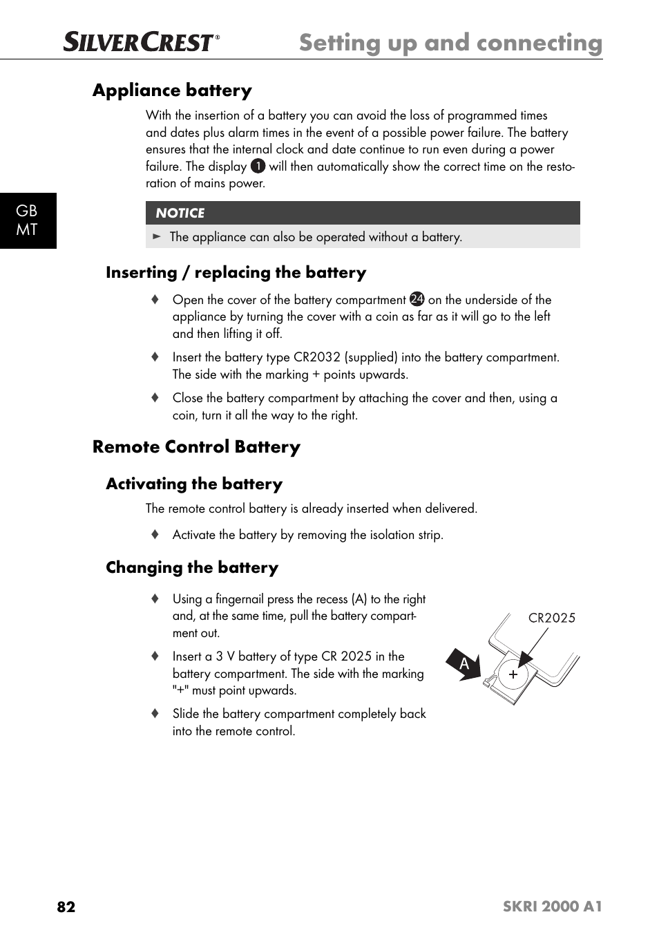 Setting up and connecting, Appliance battery, Remote control battery | Gb mt, Inserting / replacing the battery, Activating the battery, Changing the battery | Silvercrest SKRI 2000 A1 User Manual | Page 85 / 147