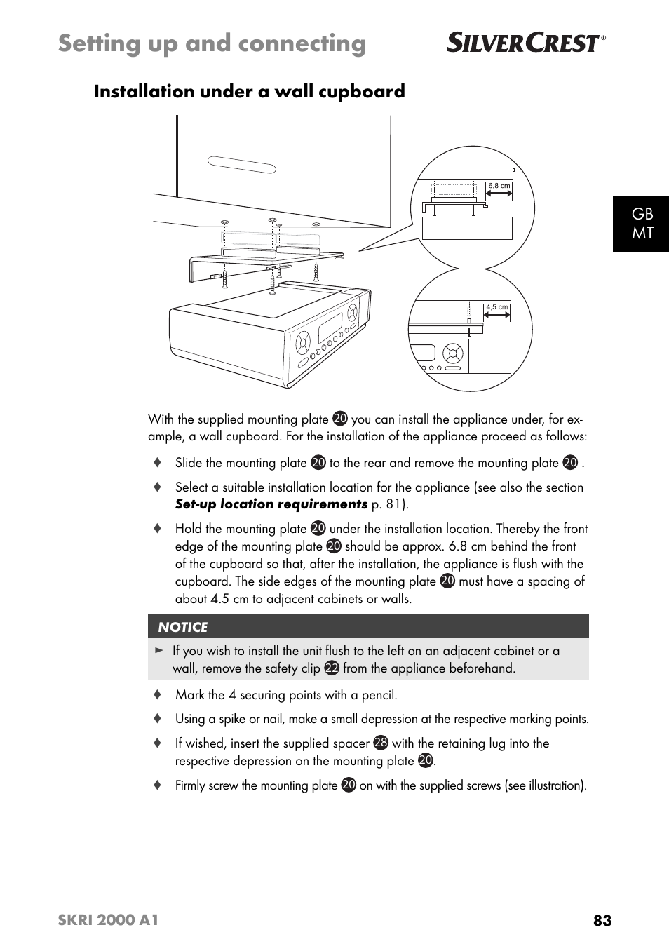 Setting up and connecting, Installation under a wall cupboard, Gb mt | Silvercrest SKRI 2000 A1 User Manual | Page 86 / 147