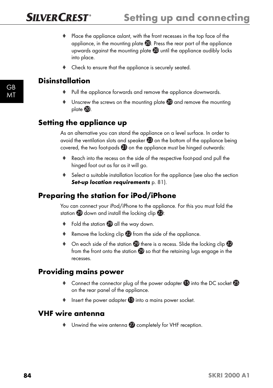 Setting up and connecting, Disinstallation, Setting the appliance up | Preparing the station for ipod/iphone, Providing mains power, Vhf wire antenna, Gb mt | Silvercrest SKRI 2000 A1 User Manual | Page 87 / 147