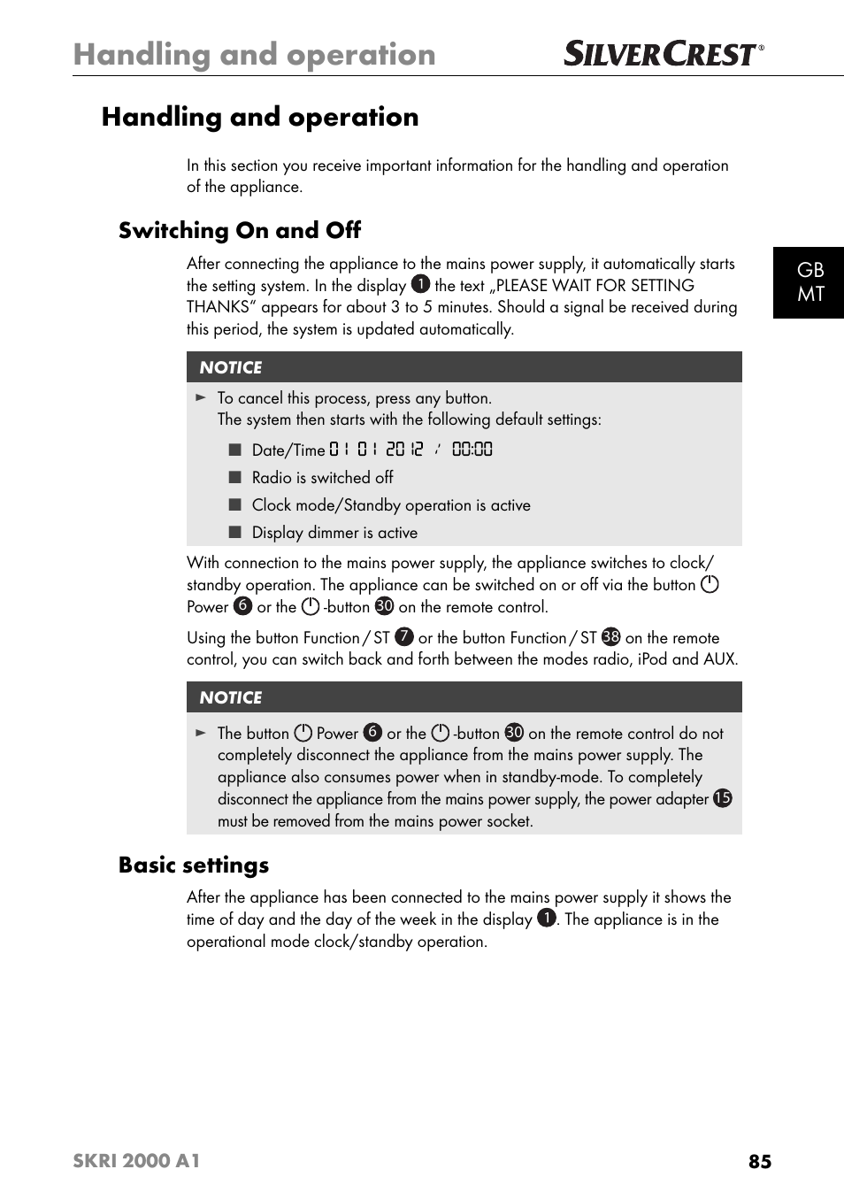 Handling and operation, Switching on and oﬀ, Basic settings | Gb mt | Silvercrest SKRI 2000 A1 User Manual | Page 88 / 147
