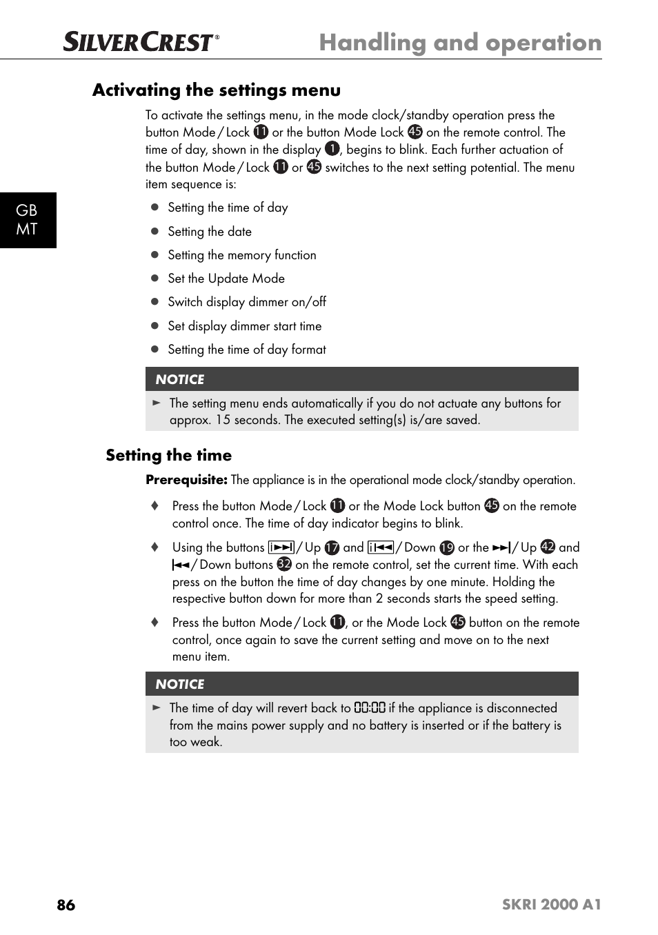 Handling and operation, Activating the settings menu, Gb mt | Setting the time | Silvercrest SKRI 2000 A1 User Manual | Page 89 / 147