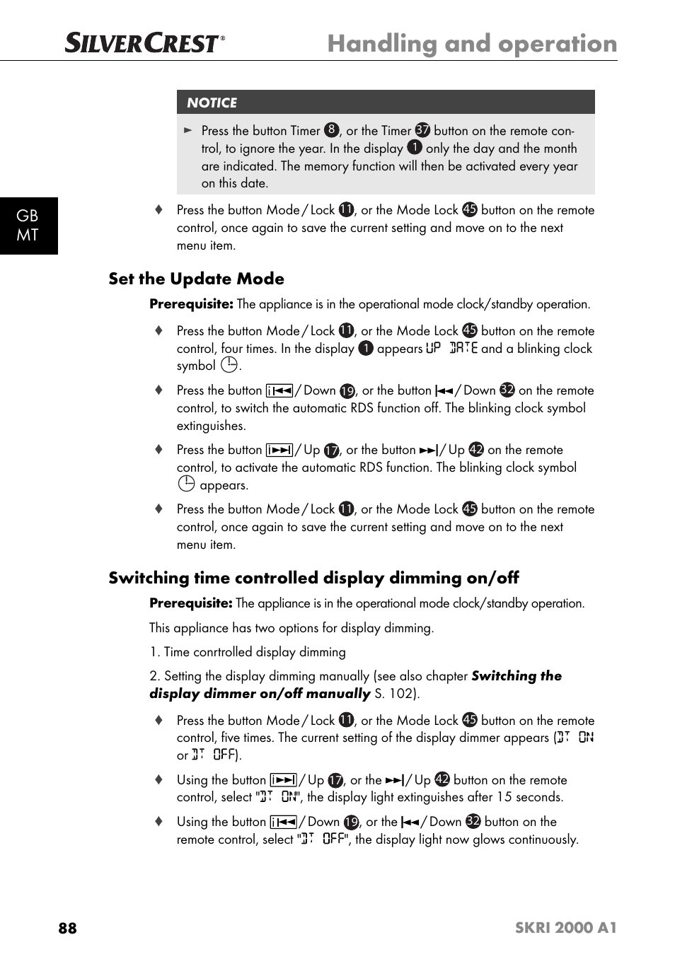 Handling and operation, Gb mt, Set the update mode | Switching time controlled display dimming on/oﬀ | Silvercrest SKRI 2000 A1 User Manual | Page 91 / 147