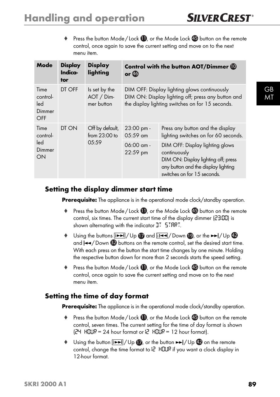 Handling and operation, Gb mt, Setting the display dimmer start time | Setting the time of day format | Silvercrest SKRI 2000 A1 User Manual | Page 92 / 147