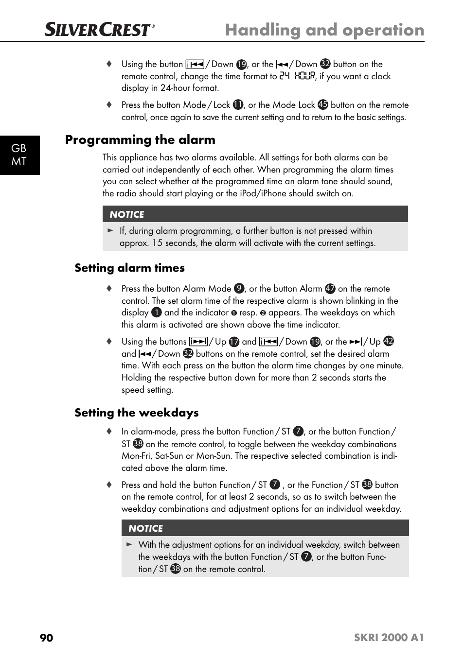 Handling and operation, Programming the alarm, Gb mt | Setting alarm times, Setting the weekdays | Silvercrest SKRI 2000 A1 User Manual | Page 93 / 147
