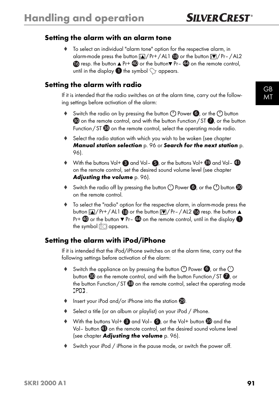 Handling and operation, Gb mt setting the alarm with an alarm tone, Setting the alarm with radio | Setting the alarm with ipod/iphone | Silvercrest SKRI 2000 A1 User Manual | Page 94 / 147