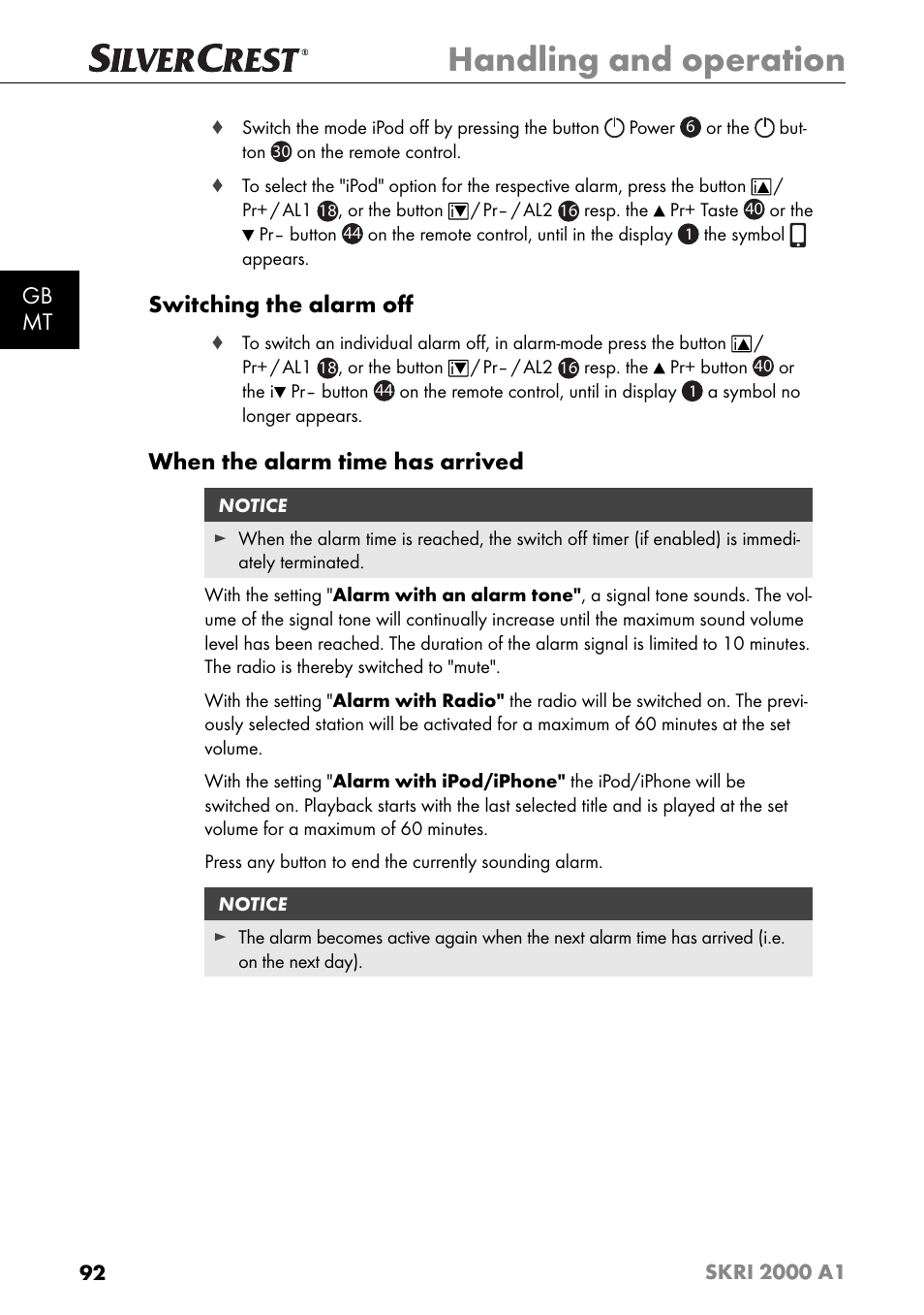 Handling and operation, Gb mt, Switching the alarm oﬀ | When the alarm time has arrived | Silvercrest SKRI 2000 A1 User Manual | Page 95 / 147
