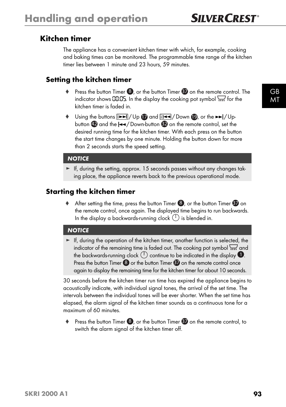 Handling and operation, Kitchen timer, Gb mt | Setting the kitchen timer, Starting the kitchen timer | Silvercrest SKRI 2000 A1 User Manual | Page 96 / 147