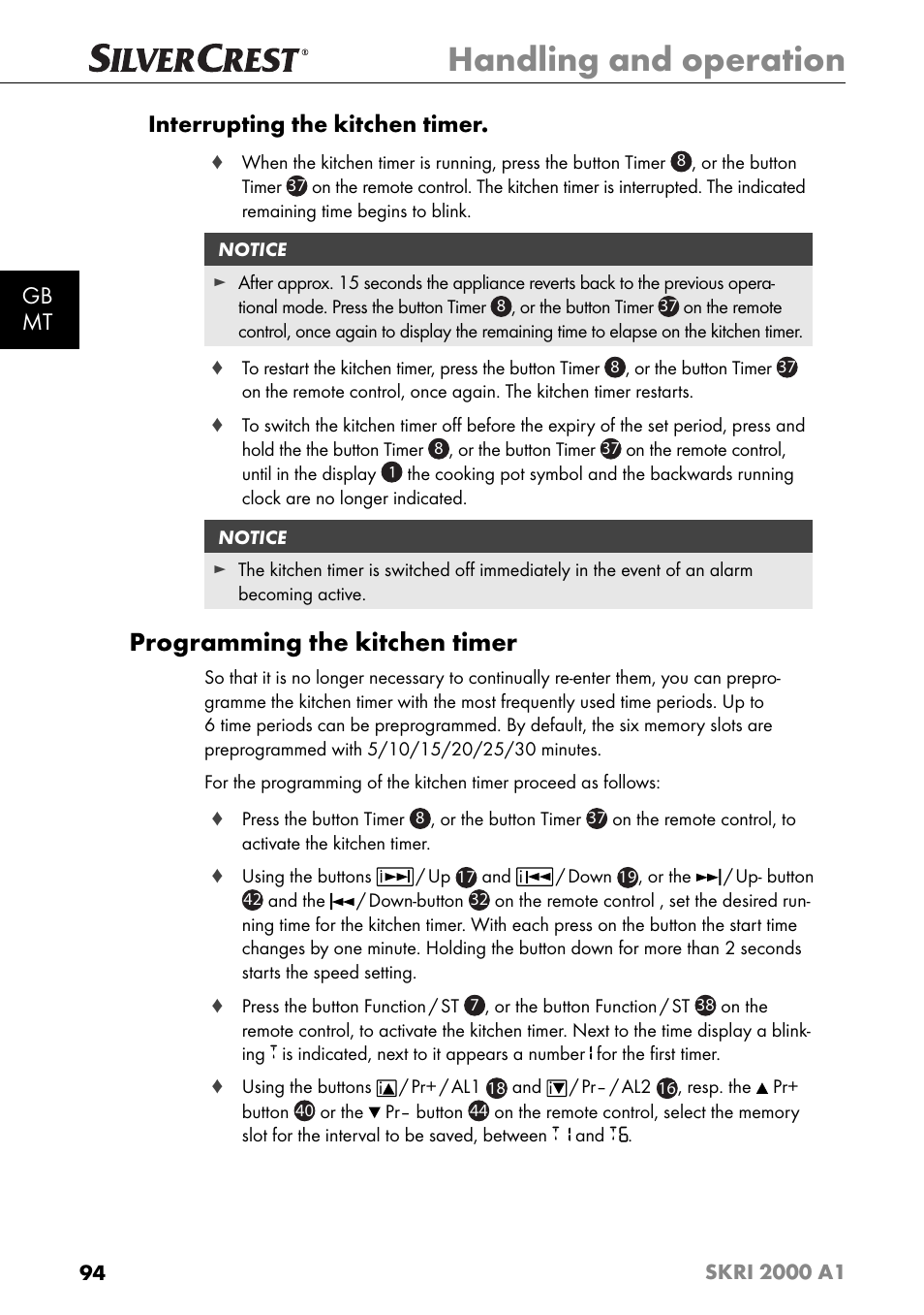 Handling and operation, Programming the kitchen timer, Gb mt interrupting the kitchen timer | Silvercrest SKRI 2000 A1 User Manual | Page 97 / 147