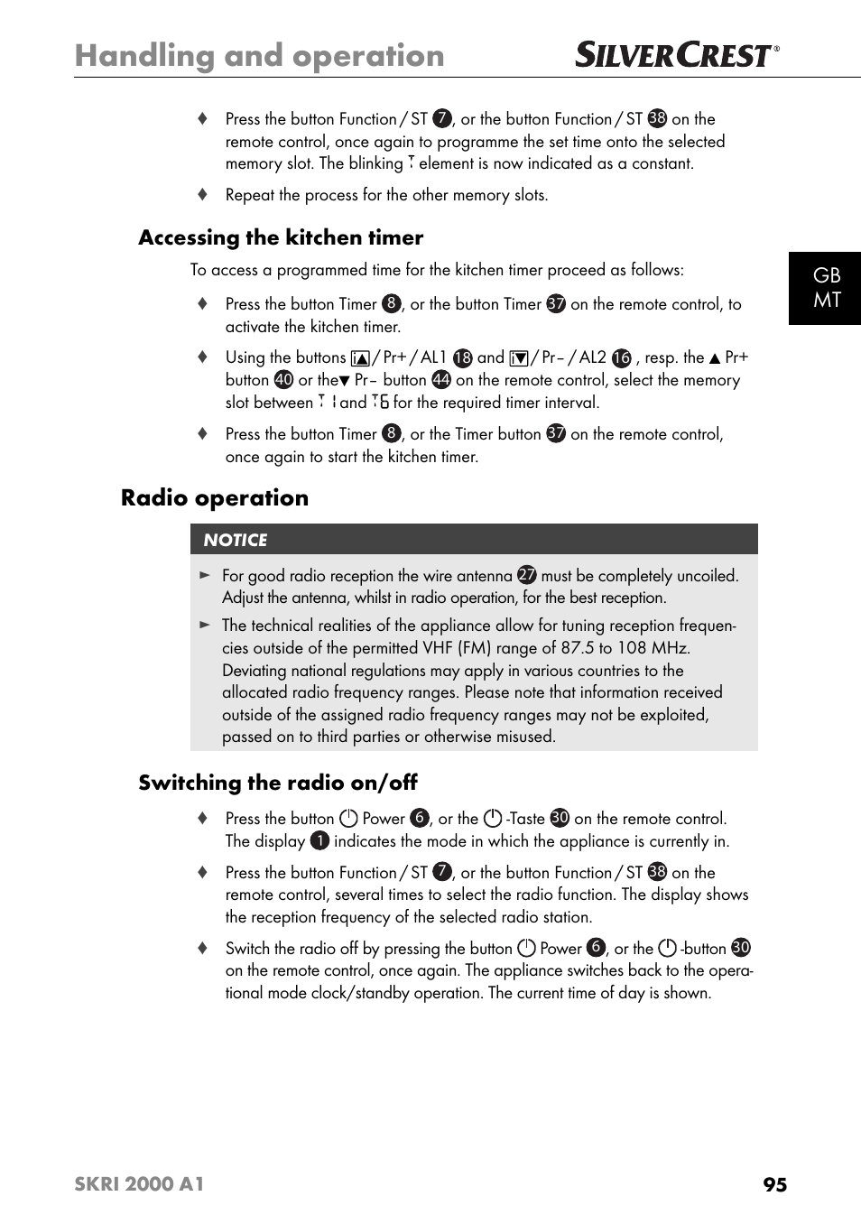 Handling and operation, Radio operation, Gb mt | Accessing the kitchen timer, Switching the radio on/oﬀ | Silvercrest SKRI 2000 A1 User Manual | Page 98 / 147