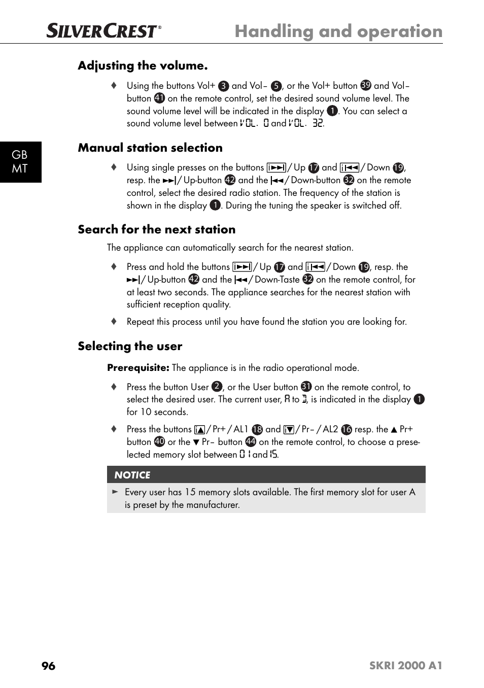 Handling and operation, Gb mt adjusting the volume, Manual station selection | Search for the next station, Selecting the user | Silvercrest SKRI 2000 A1 User Manual | Page 99 / 147