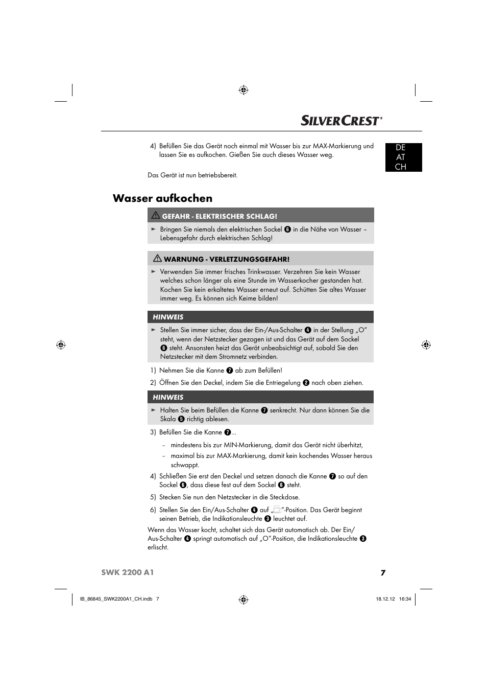 Wasser aufkochen, De at ch | Silvercrest SWK 2200 A1 User Manual | Page 10 / 52