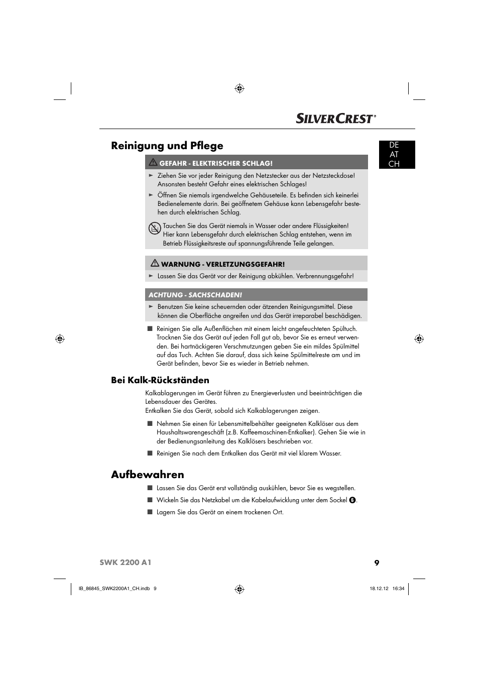 Reinigung und pﬂ ege, Aufbewahren, Bei kalk-rückständen | De at ch | Silvercrest SWK 2200 A1 User Manual | Page 12 / 52