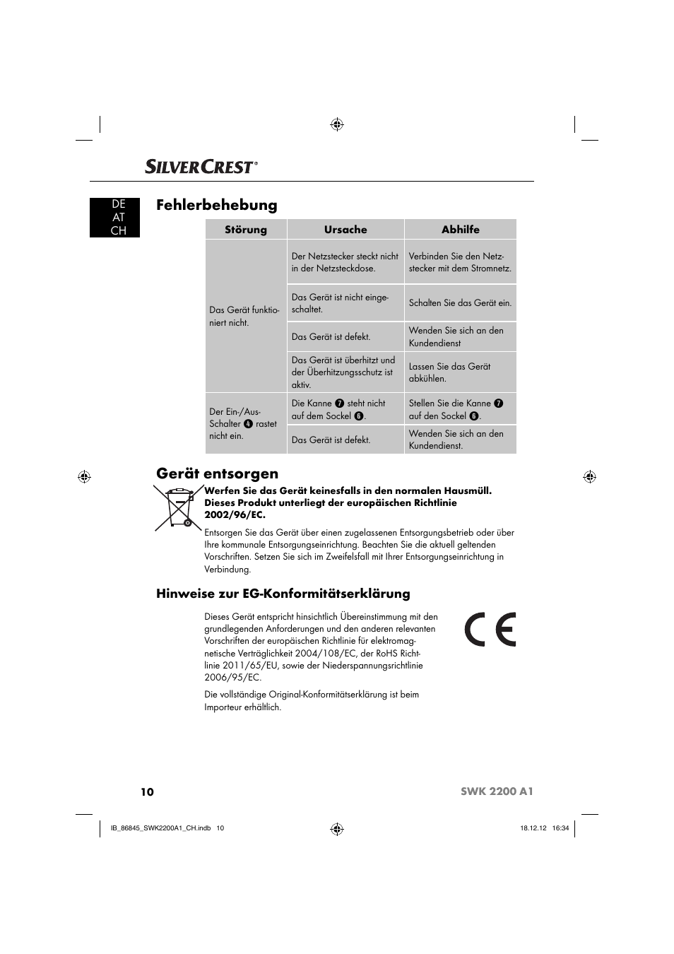 Fehlerbehebung, Gerät entsorgen, Hinweise zur eg-konformitätserklärung | De at ch | Silvercrest SWK 2200 A1 User Manual | Page 13 / 52