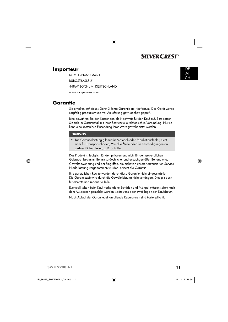 Importeur, Garantie, De at ch | Silvercrest SWK 2200 A1 User Manual | Page 14 / 52