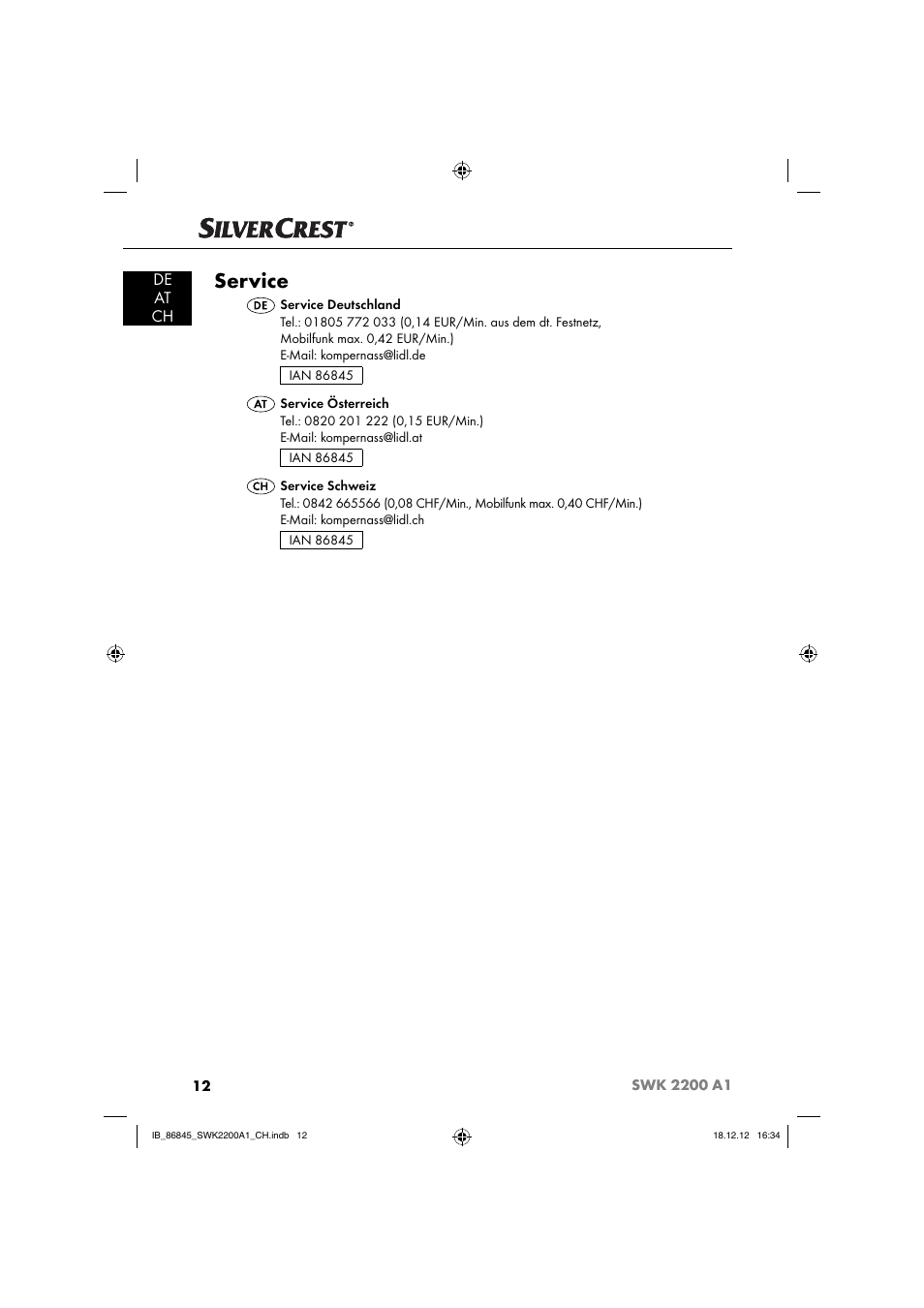 Service, De at ch | Silvercrest SWK 2200 A1 User Manual | Page 15 / 52