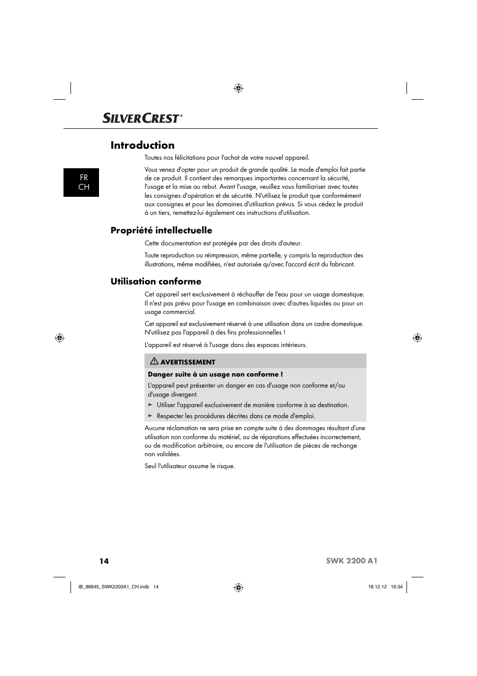 Introduction, Propriété intellectuelle, Utilisation conforme | Fr ch | Silvercrest SWK 2200 A1 User Manual | Page 17 / 52