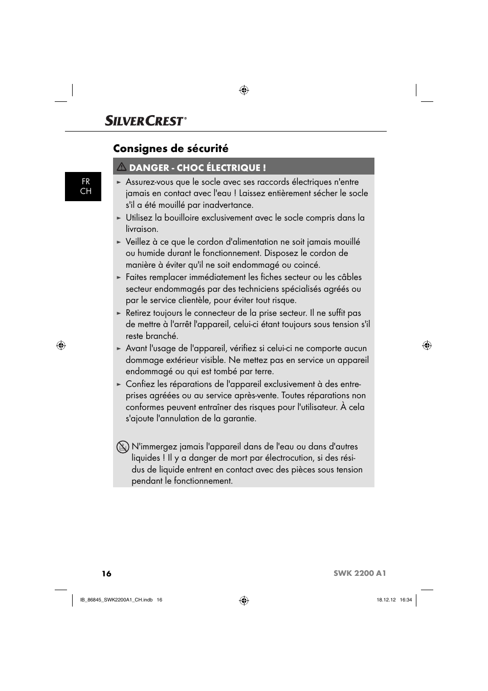 Consignes de sécurité, Danger - choc électrique | Silvercrest SWK 2200 A1 User Manual | Page 19 / 52