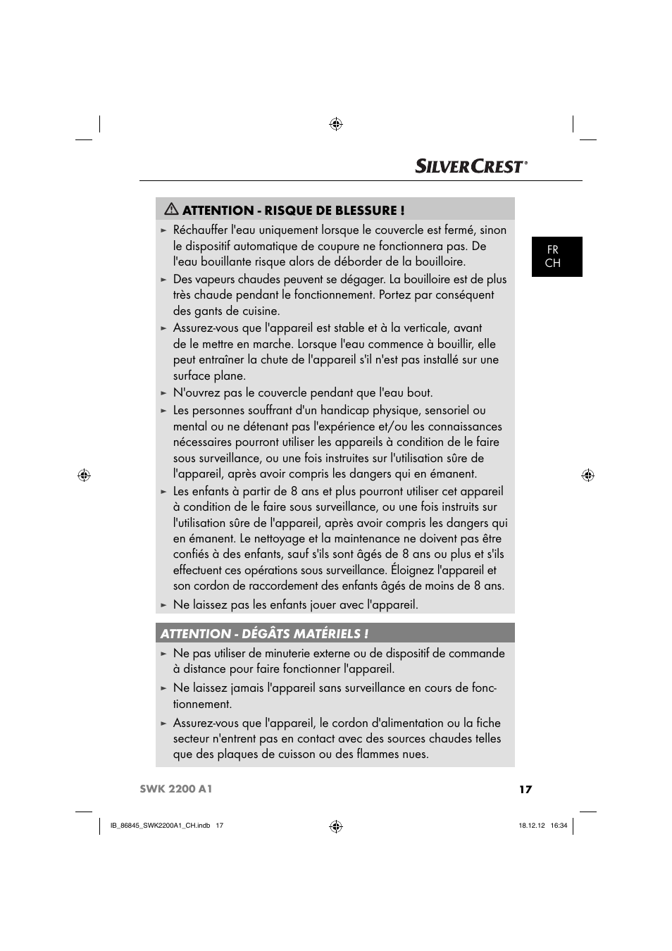 Attention - risque de blessure, N'ouvrez pas le couvercle pendant que l'eau bout | Silvercrest SWK 2200 A1 User Manual | Page 20 / 52