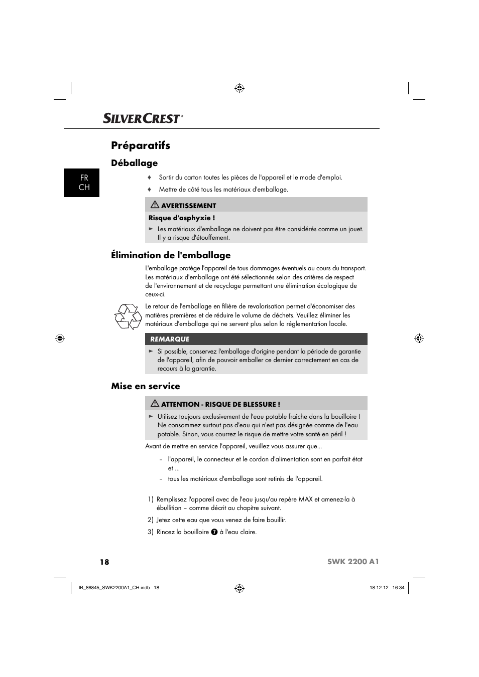 Préparatifs, Déballage, Élimination de l'emballage | Mise en service, Fr ch | Silvercrest SWK 2200 A1 User Manual | Page 21 / 52