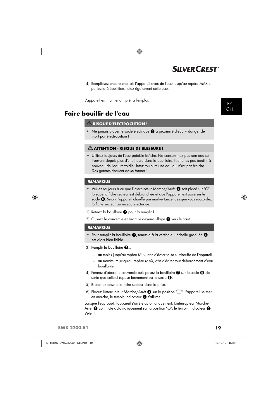 Faire bouillir de l'eau, Fr ch | Silvercrest SWK 2200 A1 User Manual | Page 22 / 52