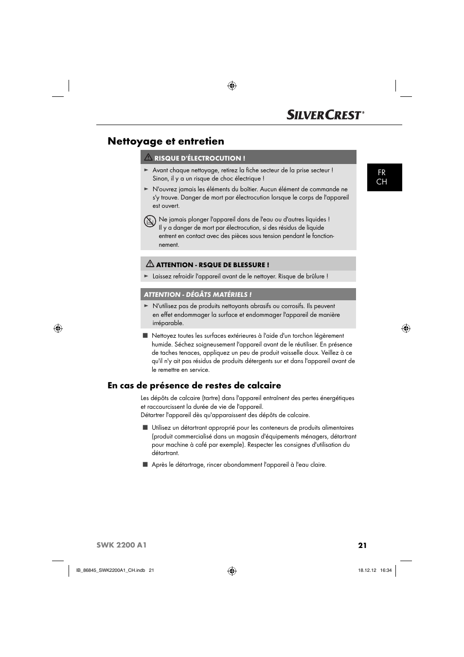 Nettoyage et entretien, En cas de présence de restes de calcaire, Fr ch | Silvercrest SWK 2200 A1 User Manual | Page 24 / 52