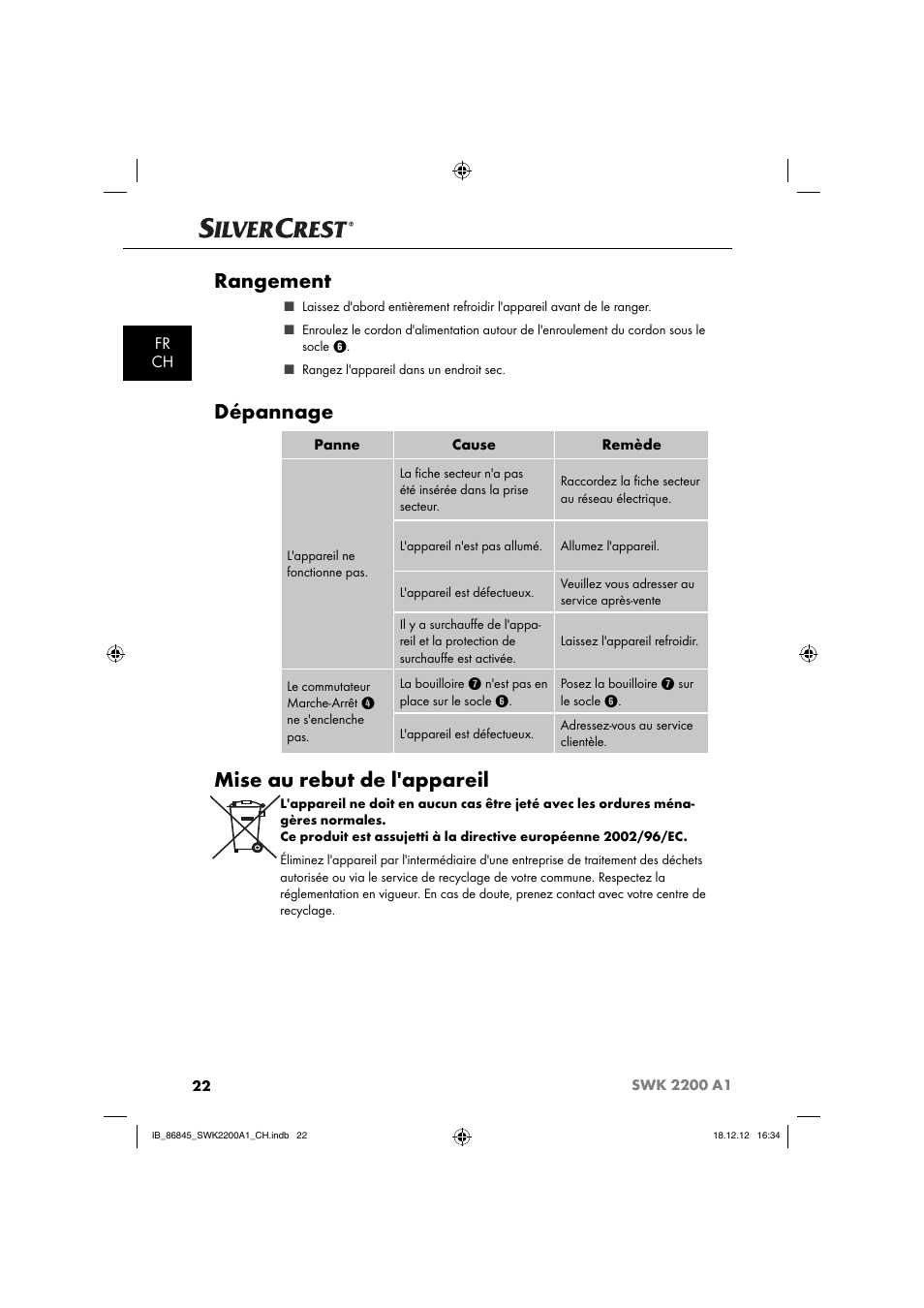 Rangement, Dépannage, Mise au rebut de l'appareil | Fr ch | Silvercrest SWK 2200 A1 User Manual | Page 25 / 52