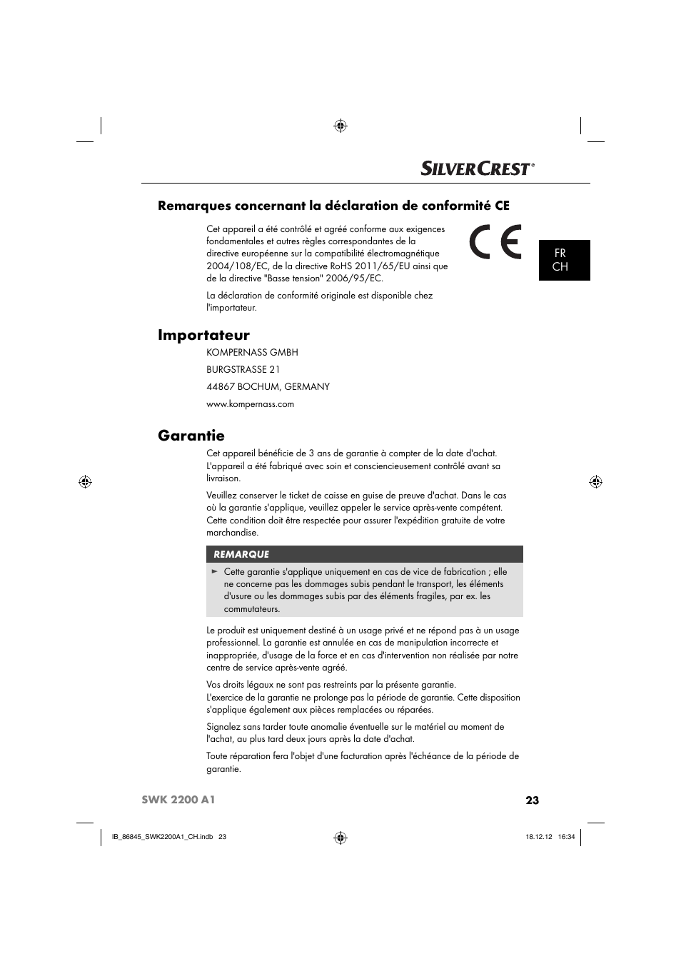 Importateur, Garantie, Fr ch | Silvercrest SWK 2200 A1 User Manual | Page 26 / 52
