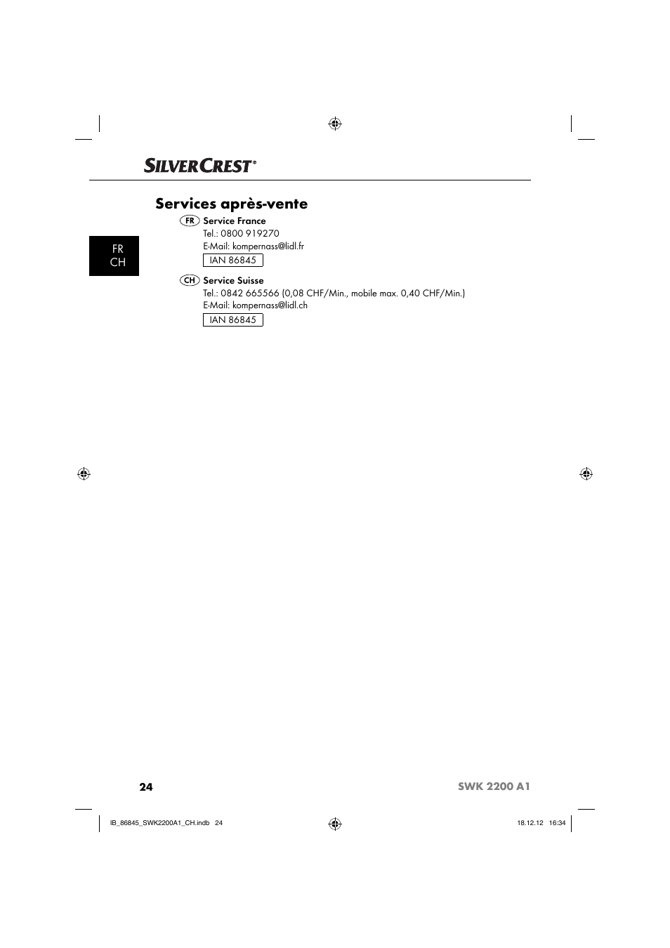 Services après-vente, Fr ch | Silvercrest SWK 2200 A1 User Manual | Page 27 / 52