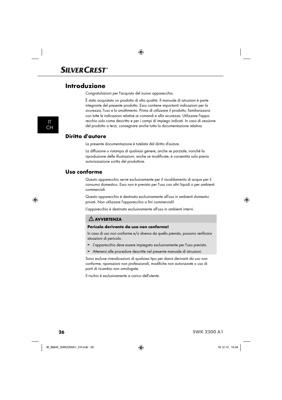 Introduzione, Diritto d'autore, Uso conforme | It ch | Silvercrest SWK 2200 A1 User Manual | Page 29 / 52