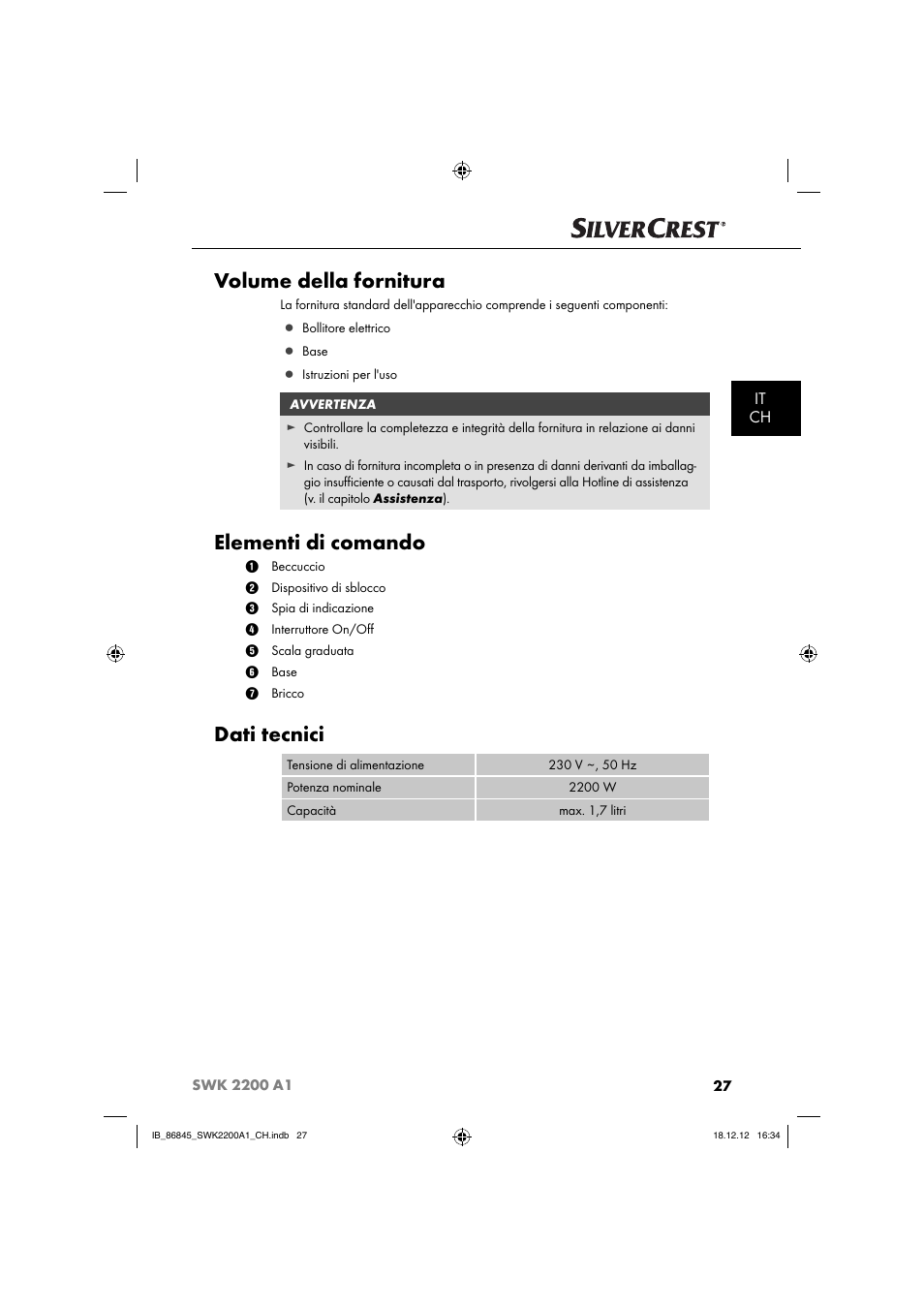 Volume della fornitura, Elementi di comando, Dati tecnici | It ch | Silvercrest SWK 2200 A1 User Manual | Page 30 / 52