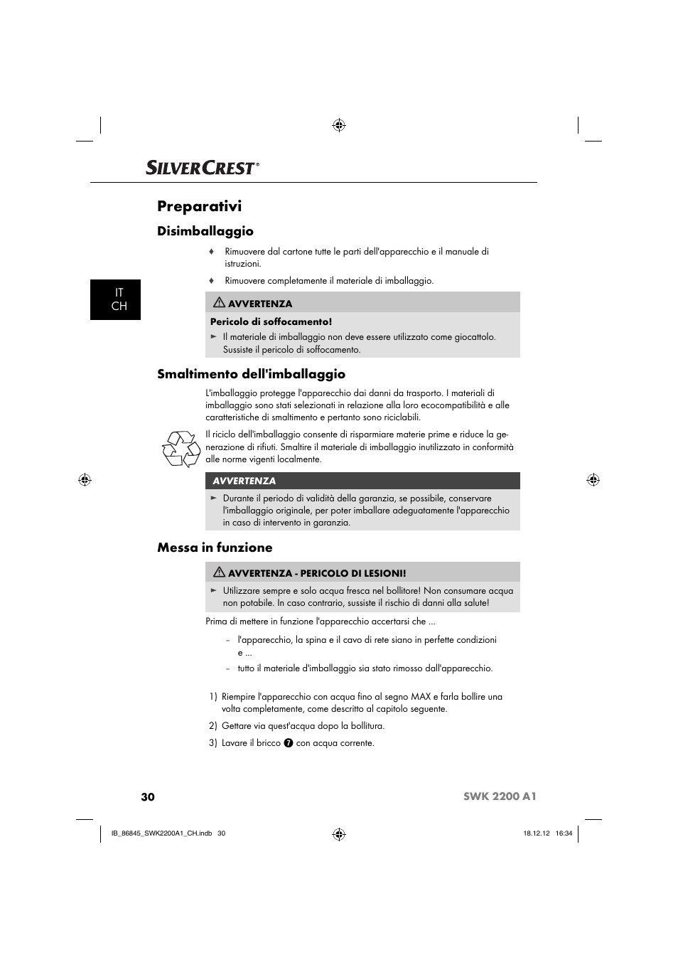 Preparativi, Disimballaggio, Smaltimento dell'imballaggio | Messa in funzione, It ch | Silvercrest SWK 2200 A1 User Manual | Page 33 / 52