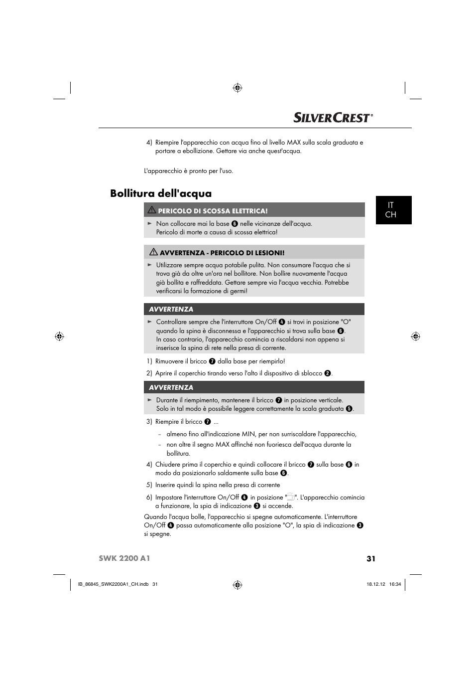 Bollitura dell'acqua, It ch | Silvercrest SWK 2200 A1 User Manual | Page 34 / 52