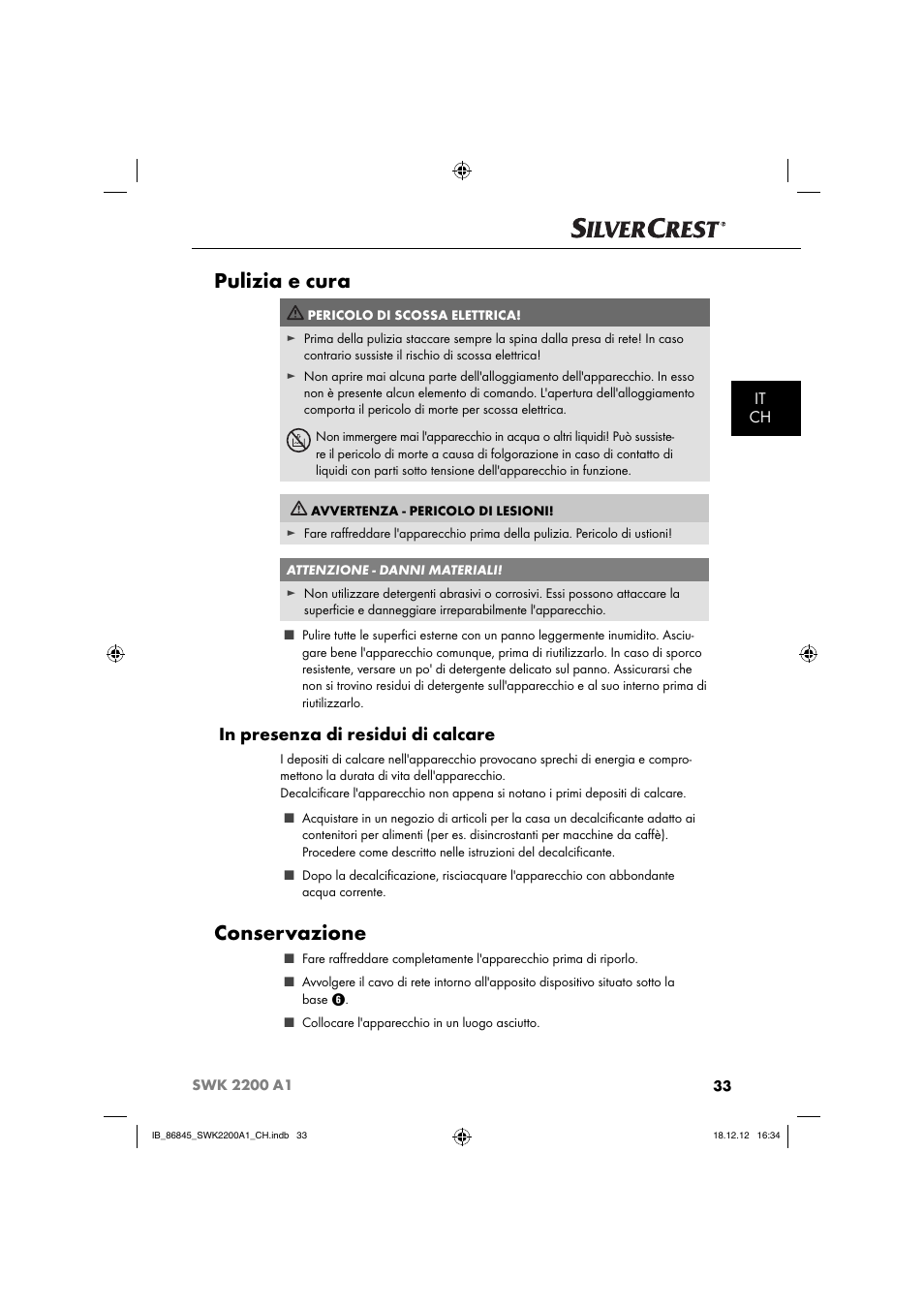 Pulizia e cura, Conservazione, It ch | Silvercrest SWK 2200 A1 User Manual | Page 36 / 52