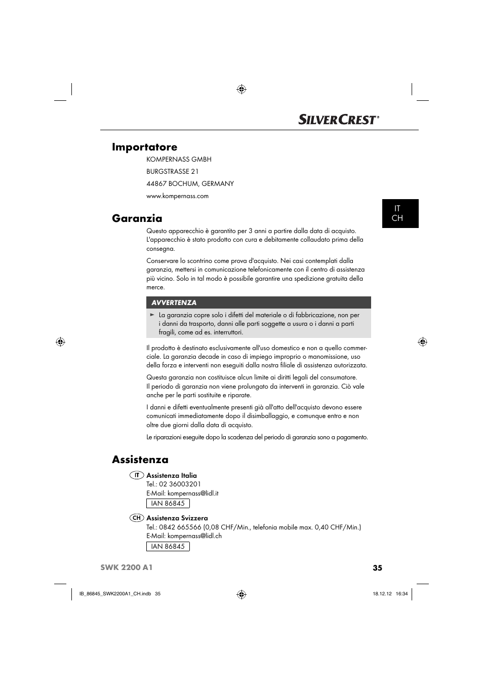 Importatore, Garanzia, Assistenza | It ch | Silvercrest SWK 2200 A1 User Manual | Page 38 / 52