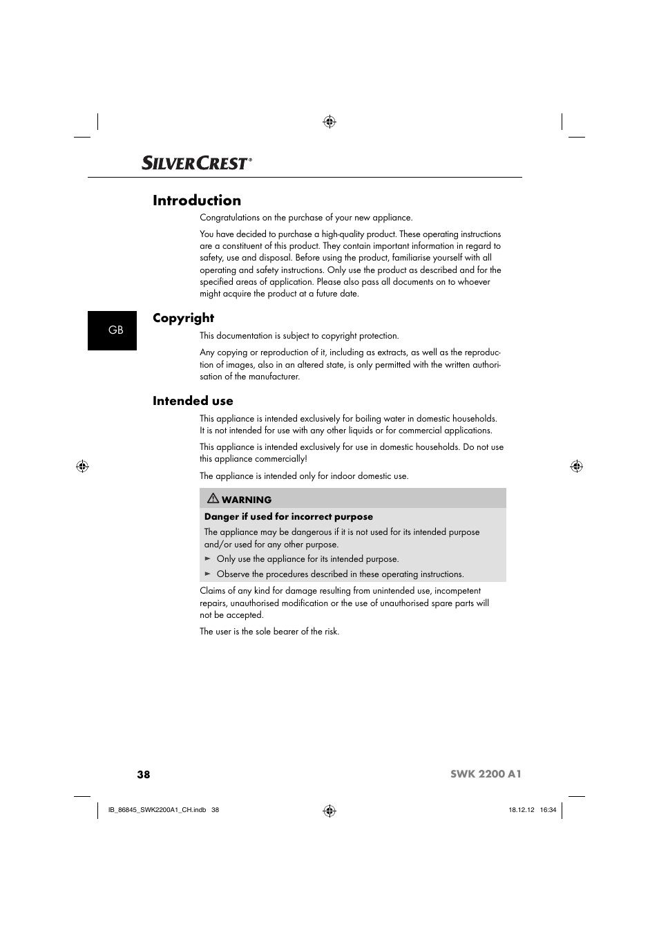 Introduction, Copyright, Intended use | Silvercrest SWK 2200 A1 User Manual | Page 41 / 52