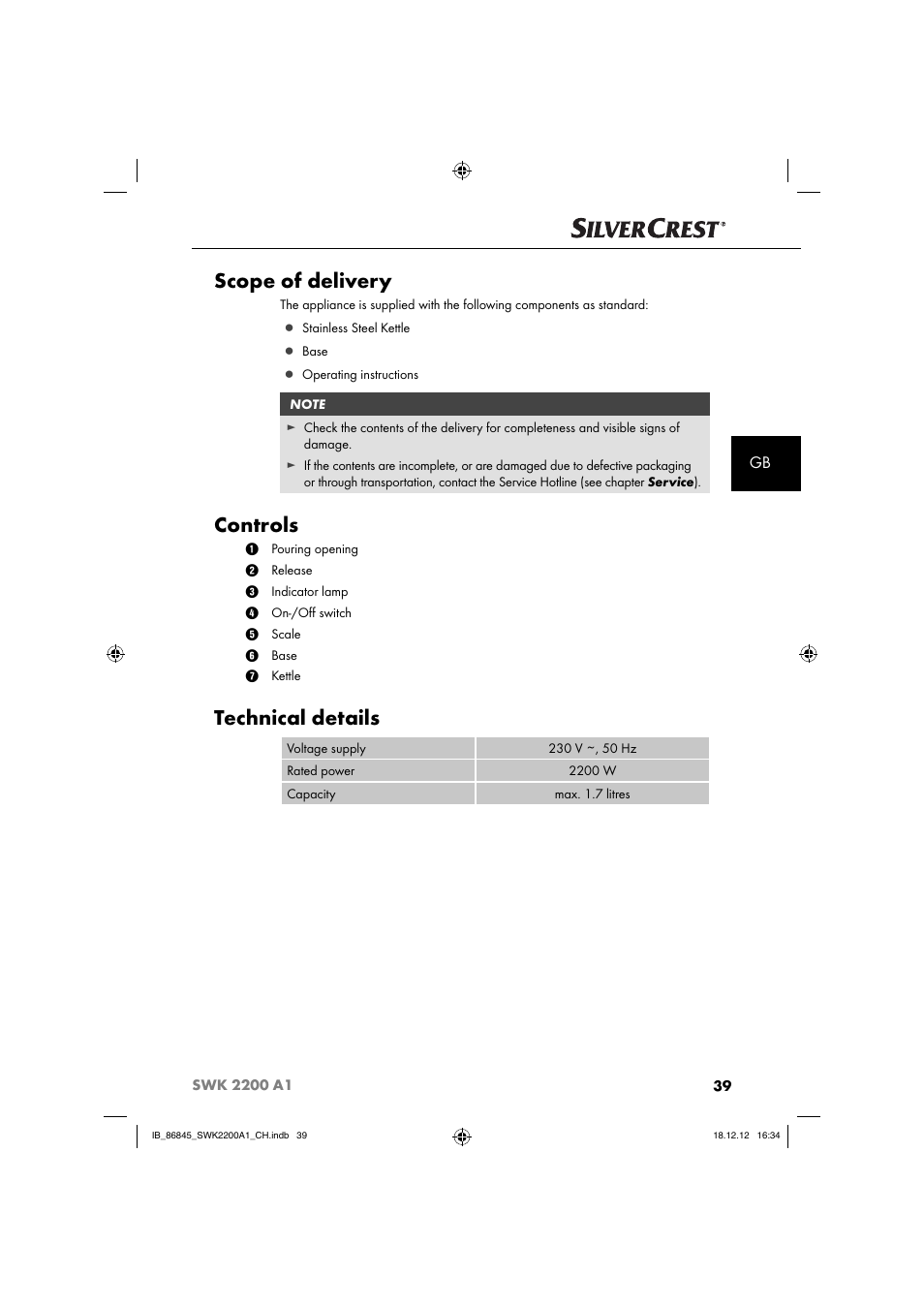 Scope of delivery, Controls, Technical details | Silvercrest SWK 2200 A1 User Manual | Page 42 / 52