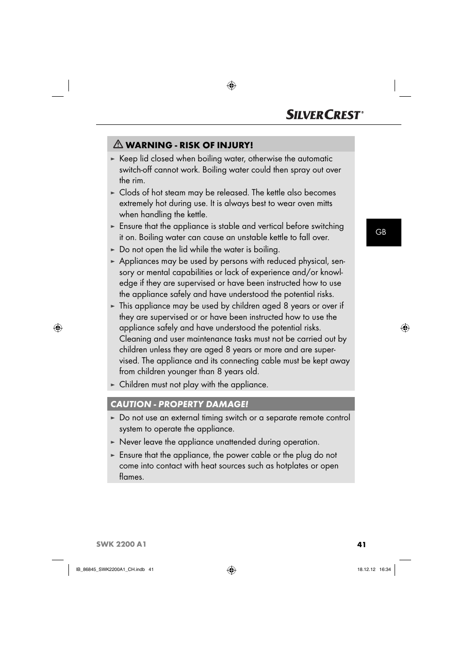 Warning - risk of injury, Do not open the lid while the water is boiling | Silvercrest SWK 2200 A1 User Manual | Page 44 / 52